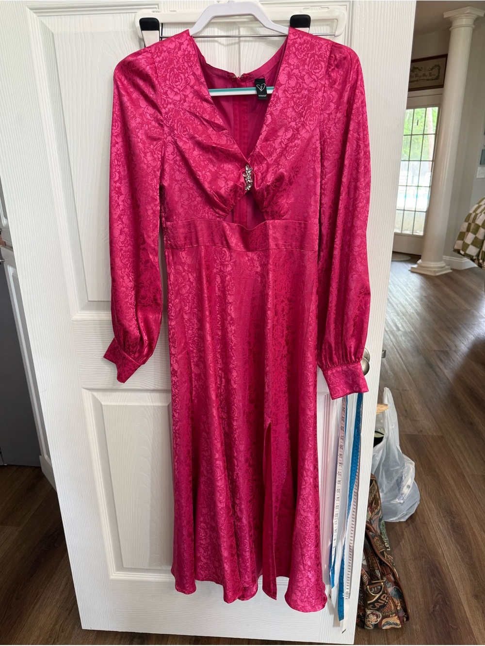 Windsor Hot Pink Satin Jacquard Cutout Maxi Dress Barbiecore Formal S/M
